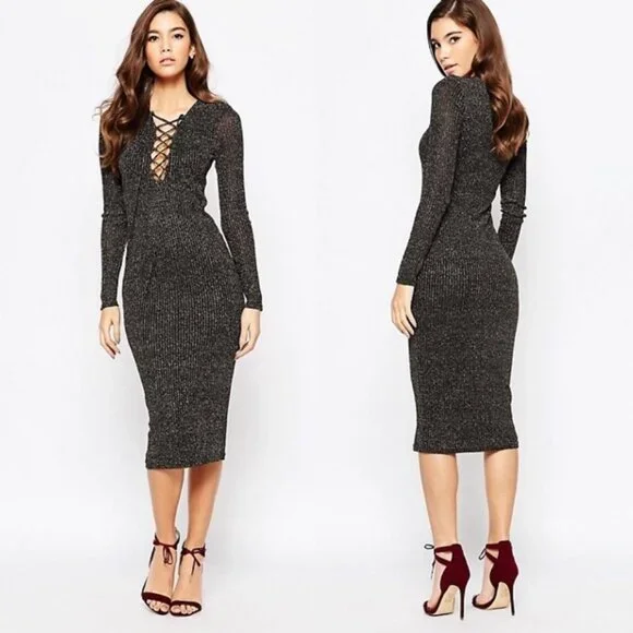 Bardot Romeo Lace Up Dress in Black Gold Metallic Midi Long Sleeve Size Small - Picture 5 of 9